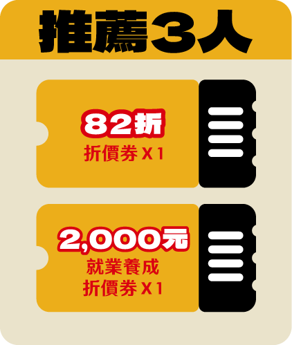 推薦３人 82 折折價券*1 + 就業養成2,000元折價券*1