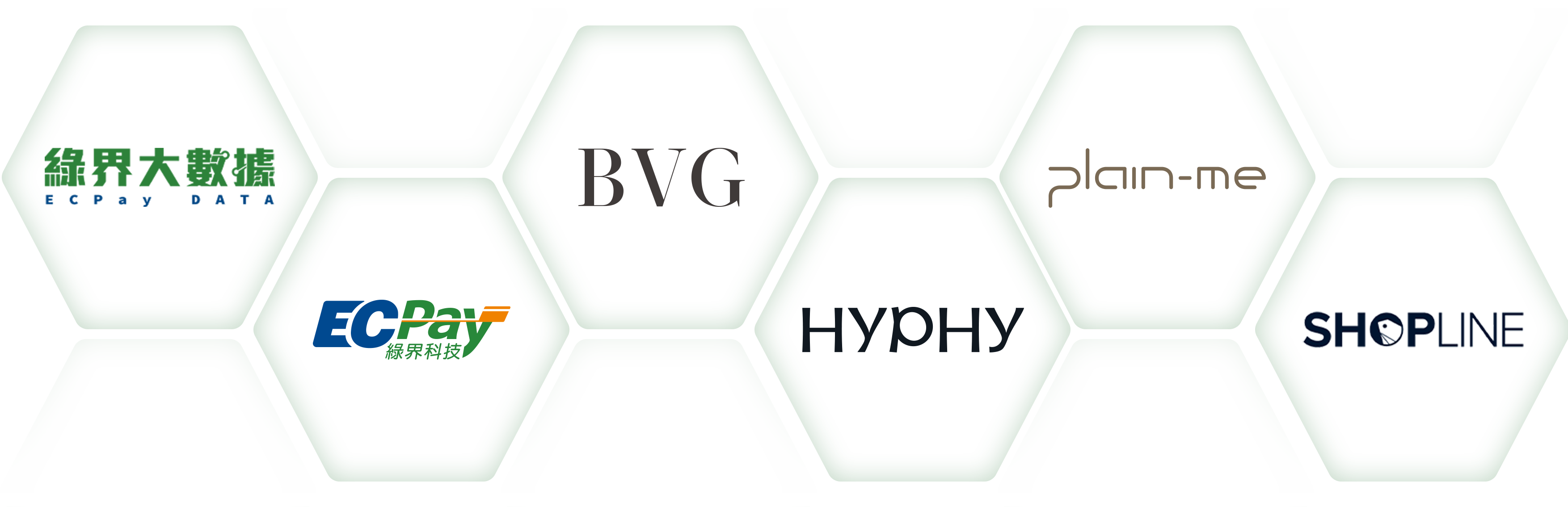 參與及出題的合作品牌主Logo牆。涵蓋6組不同電商產業與服務，包含綠界大數據、ECPay綠界科技、BVG、plain-me、HYPHY、SHOPLINE，讓學員能快速擴展產業know-how。