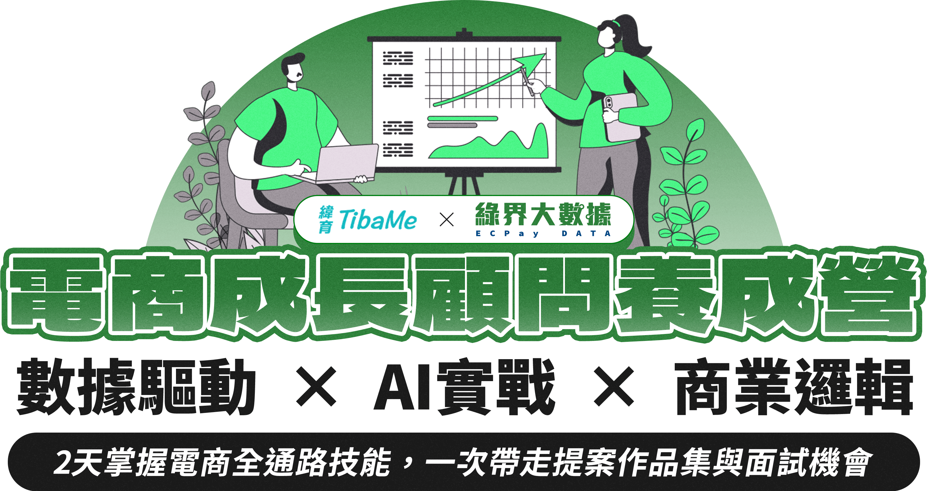 緯育TibaMe與綠界大數據合辦的「電商成長顧問養成營」課程主視覺。標語為數據驅動、AI實戰、商業邏輯，並承諾學員2天掌握電商全通路技能，一次帶走提案作品集與面試機會。圖中包含上課時間、地點與課程價格資訊。